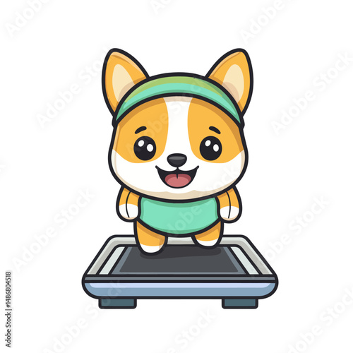 Modern illustration of an exhausted Corgi running on a treadmill, presented as a cartoon icon in flat style, isolated as a premium modern