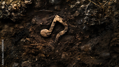 Musical note embedded in soil, symbolizing harmony with nature. [harmonic relics] | voice imprint | embedded note. illustration. [Subterranean Echo] | Rooted Murmur | soil voice. Illustration