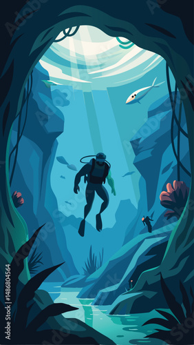 Silhouette of a Scuba Diver Exploring the Underwater World with Marine Life