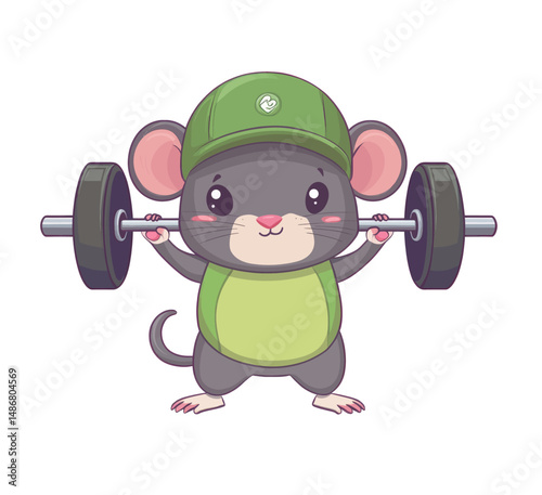 Modern illustration of an isolated cartoon mouse lifting weights in a cute manner