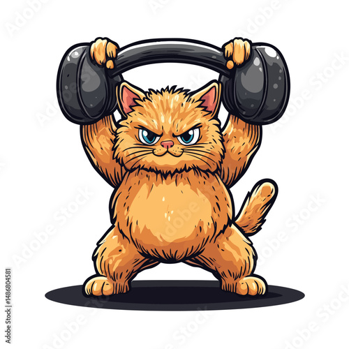 A cute athletic cat works out with a kettlebell in a modern illustration, depicting a fit kitty pumping muscles in gym gear, exercising for fitness and weight loss, serving as a humorous animal