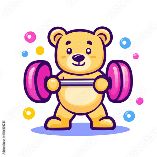 A cute bear is depicted lifting weights in a modern flat illustration