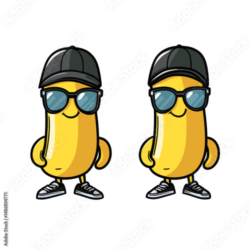 Modern illustration of a banana incorporating mascot concept design, along with separate accessories suitable for a mascot logo or icon