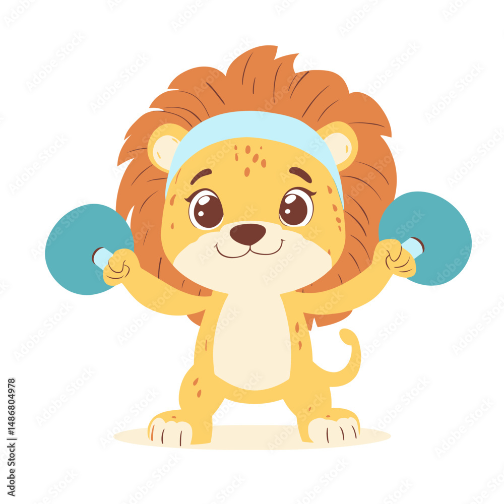 Fototapeta premium Modern cartoon character of a cute lion with dumbbells isolated on a white background