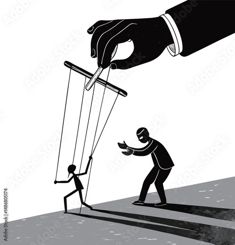 A black and white illustration of a puppet being controlled by a hand, symbolizing manipulation.