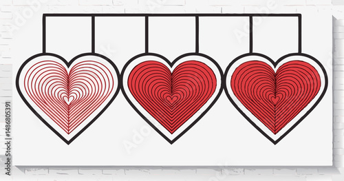 Three intricately designed hearts in red tones on a white background.