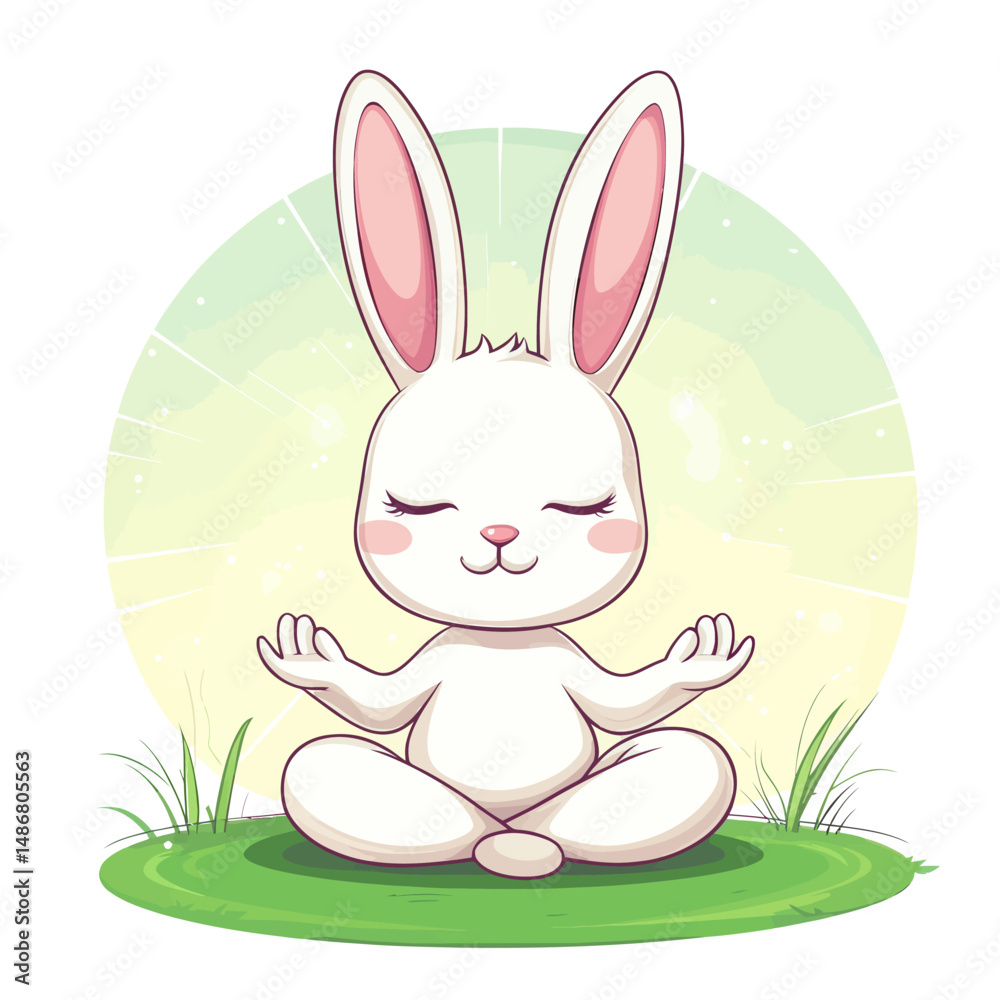Fototapeta premium A cartoon rabbit doing yoga for meditation is depicted as cute, with an adorable bunny character, and is part of a kawaii animal concept design on a white background as a modern illustration mascot