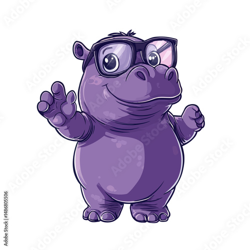 A cartoon hippo mascot, depicted as funny and isolated, is shown running in a flat style design