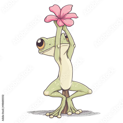 A cartoon illustration of Character Frog with a lotus flower practicing yoga, showcasing calmness and relaxation in a humorous way, set against a white background