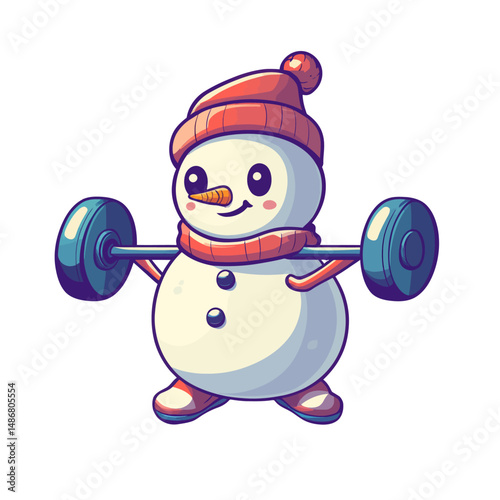 A cartoon snowman character is engaged in weight training exercises for a christmas design