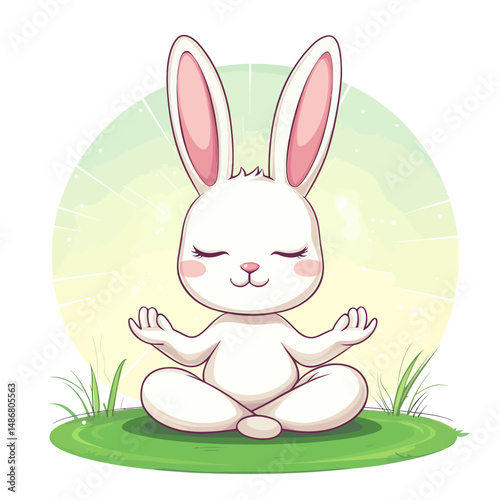 A cartoon rabbit doing yoga for meditation is depicted as cute, with an adorable bunny character, and is part of a kawaii animal concept design on a white background as a modern illustration mascot