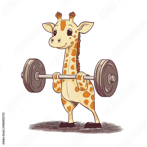 Modern illustration of a cute giraffe lifting a barbell as a sport animal