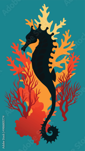 Graceful Seahorse Silhouette Clinging to Coral in Azure Depths