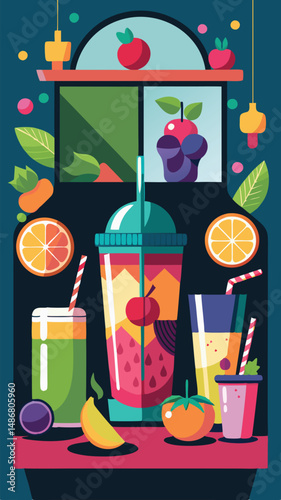 Minimalist Silhouette of a Vibrant Smoothie Bar with Colorful Fruits and Drink Concoctions