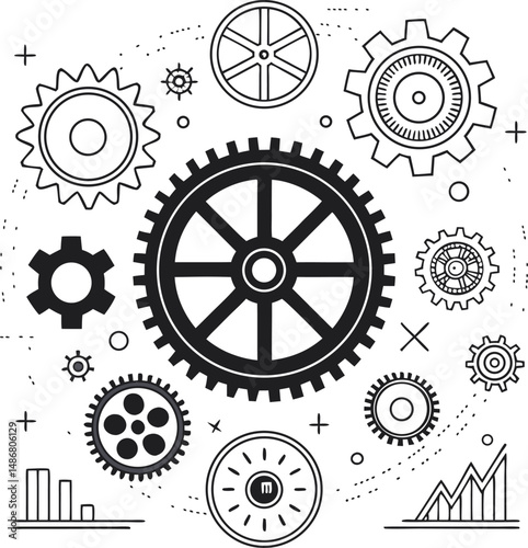 A collection of stylized gears and mechanisms in black and white, representing engineering concepts.