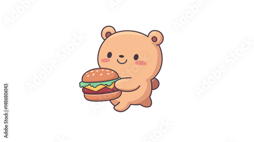 Cartoon illustration depicting a playful bear engaging in fitness activities, running with a sandwich and exercise ball, set against a backdrop of vibrant colors to convey an active lifestyle