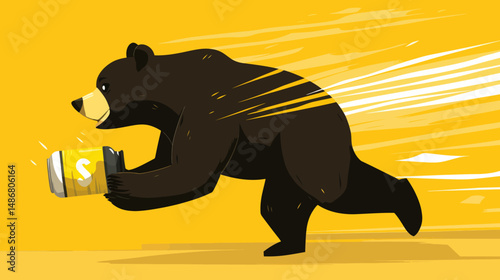 Vibrant Bear Exuding Enthusiasm for Exercise: Cartoon Image of a Happy Bear Jogging with Protein Shake and Fitness Tracker, Representing Healthy Lifestyle