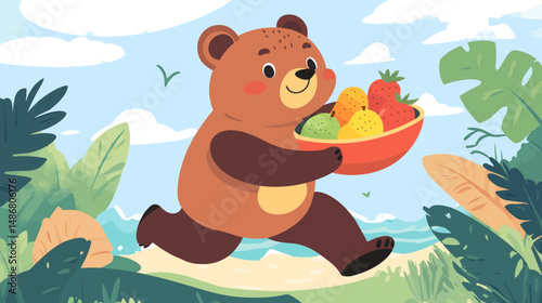 Vibrant illustration of a bear embracing fitness, depicted as a cute cartoon running bear surrounded by a fruit bowl and resistance band in bright colors, symbolizing healthy living