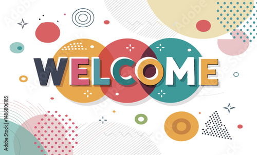 Colorful welcome sign with playful shapes and vibrant design elements.