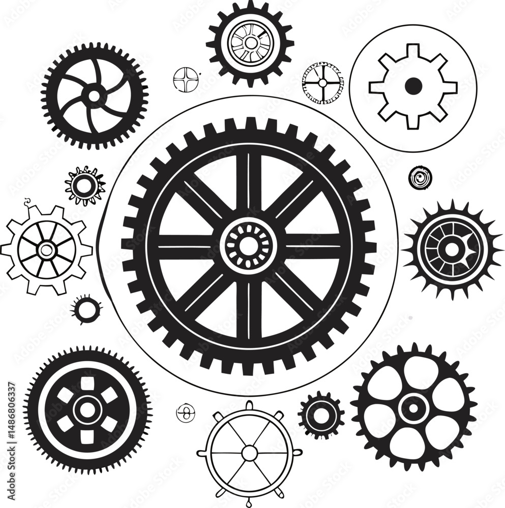 A diverse collection of intricate black gears on a white background, illustrating mechanics. A diverse collection of intricate black gears on a white background, illustrating mechanics.