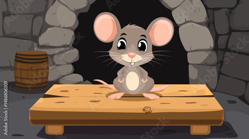 Modern flat illustration of a cute cartoon mouse bench pressing a mousetrap