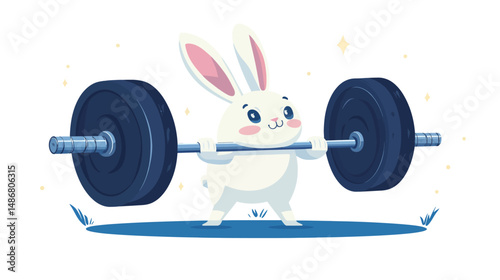 Modern flat illustration depicts Bunny Rabbit lifting a barbell