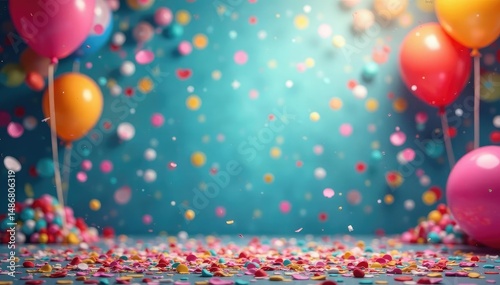 Colorful confetti raining down on a vibrant party scene with balloons and streamers , design element, graphic, festive background