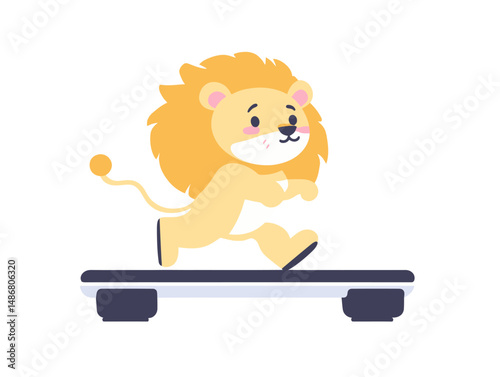 Vibrant lion exercising on a treadmill in a minimalist fitness gym setting