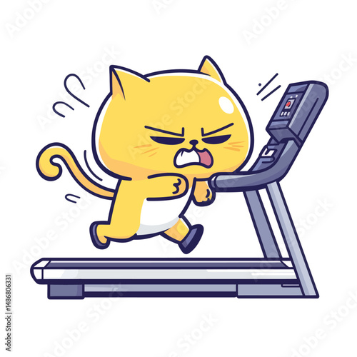 A contemporary depiction of a fluffy cat exercising on a treadmill in isolation