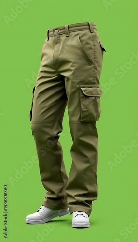 Standing Cargo Pants with Pockets and White Shoes on Green Background