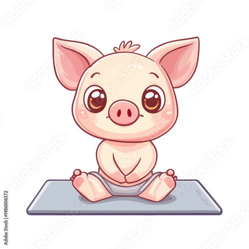 A fluffy pink pig is depicted in a yoga pose, wearing green athletic gear, while actively exercising, all presented in a modern and minimalist style