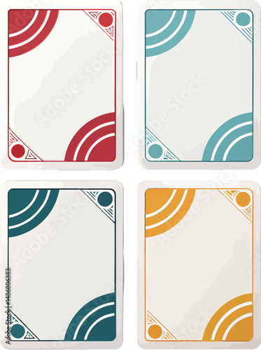 Four colorful playing cards with modern geometric designs in red, teal, and yellow.