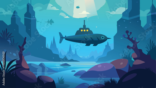 Submarine Explores the Depths of an Underwater World
