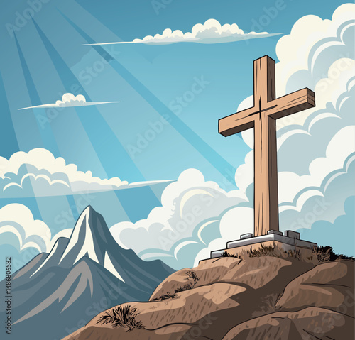 A majestic wooden cross stands atop a rocky hill under a bright, cloudy sky.