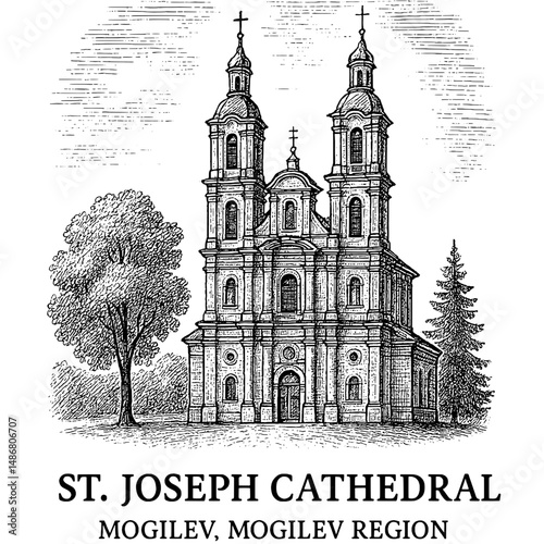 Engraved vintage logo of St. Joseph Cathedral in Mogilev showcasing intricate architectural details