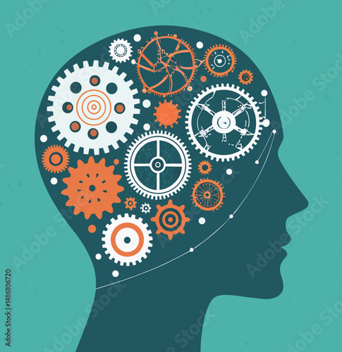 Illustrative profile of a human head with colorful gears representing thought processes.