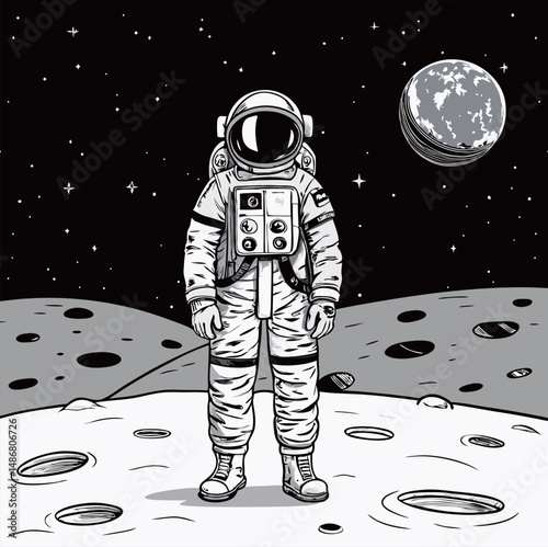 Black and white illustration of an astronaut on the moon with a distant planet.