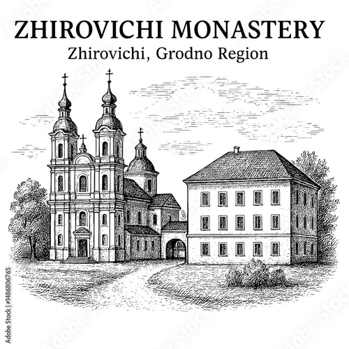 Exploration of Zhirovichi Monastery in Grodno Region showcasing vintage emblem design and engraved illustration