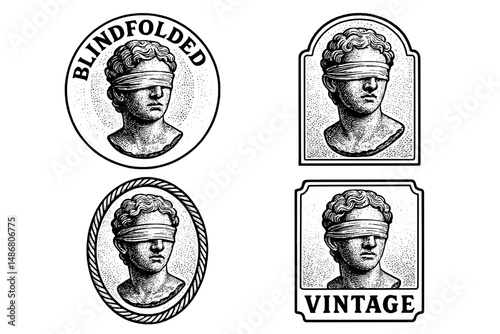 Vintage engraved emblems featuring blindfolded statues capturing a timeless artistic essence