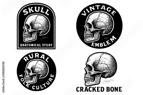 Engraved vintage skull logo collection showcasing anatomical studies and rustic folk culture elements