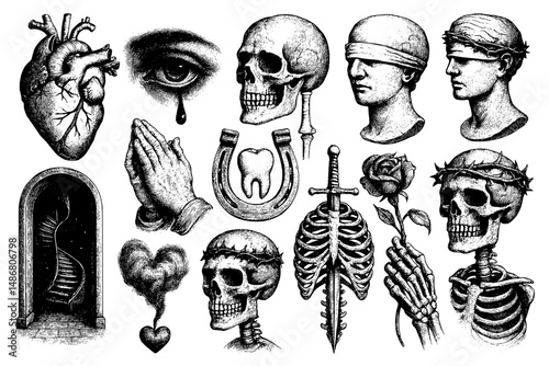Vintage engraved collection showcasing intricate illustrations of hearts, skulls, and symbolic figures reflecting life's mysteries