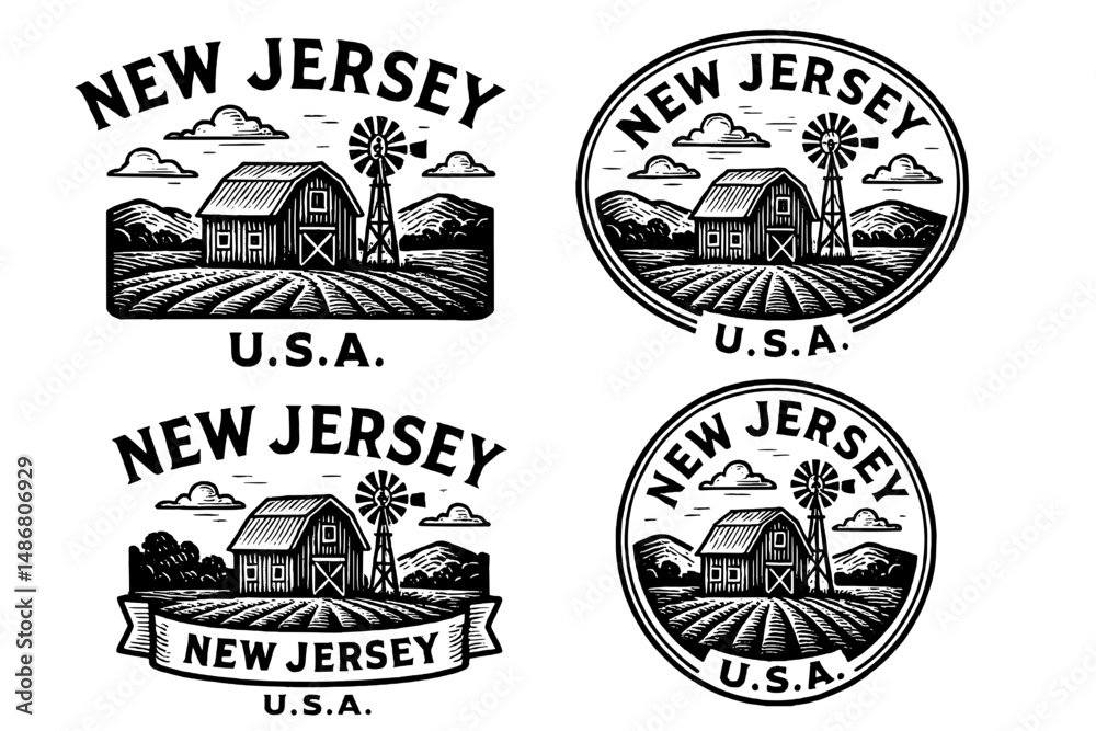 Fototapeta premium Vintage emblem showcasing a charming barn and windmill, celebrating New Jersey's agricultural heritage