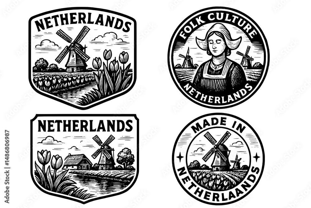 Fototapeta premium Emblems showcasing the rich heritage and landscape of the Netherlands with engraved illustrations of windmills and folk culture