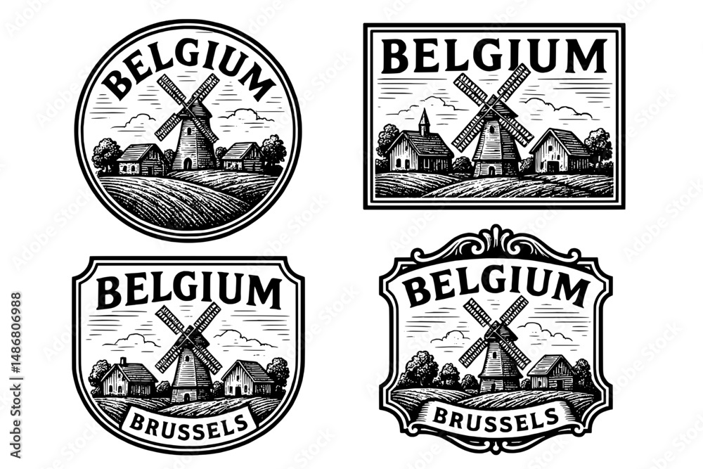 Obraz premium Vintage engraved logo collection showcasing iconic windmills and rural landscapes of Belgium, representing cultural heritage and artistry