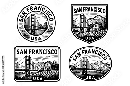 Vintage collection of engraved emblems showcasing the Golden Gate Bridge and San Francisco landscape