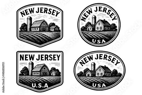 Vintage emblem collection showcasing New Jersey farms with engraved illustrations of rural landscapes and structures