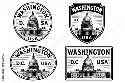 Artistic engravings of Washington, D.C. vintage logo designs featuring iconic Capitol building