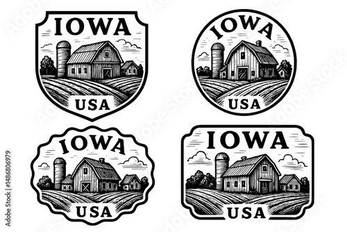 Exploring vintage emblems featuring rustic barns and landscapes from Iowa's countryside in classic engraved design