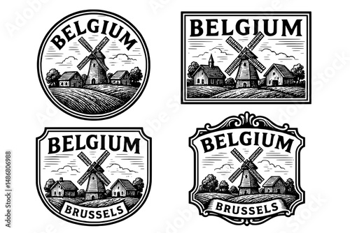Vintage engraved logo collection showcasing iconic windmills and rural landscapes of Belgium, representing cultural heritage and artistry