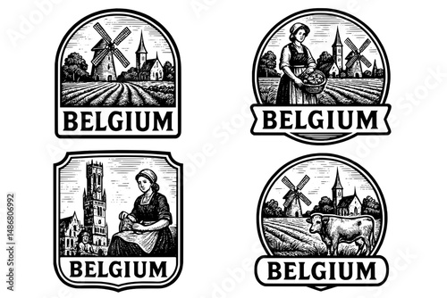 Vintage collection of engraved emblems showcasing the essence of Belgium's pastoral charm and heritage in intricate design